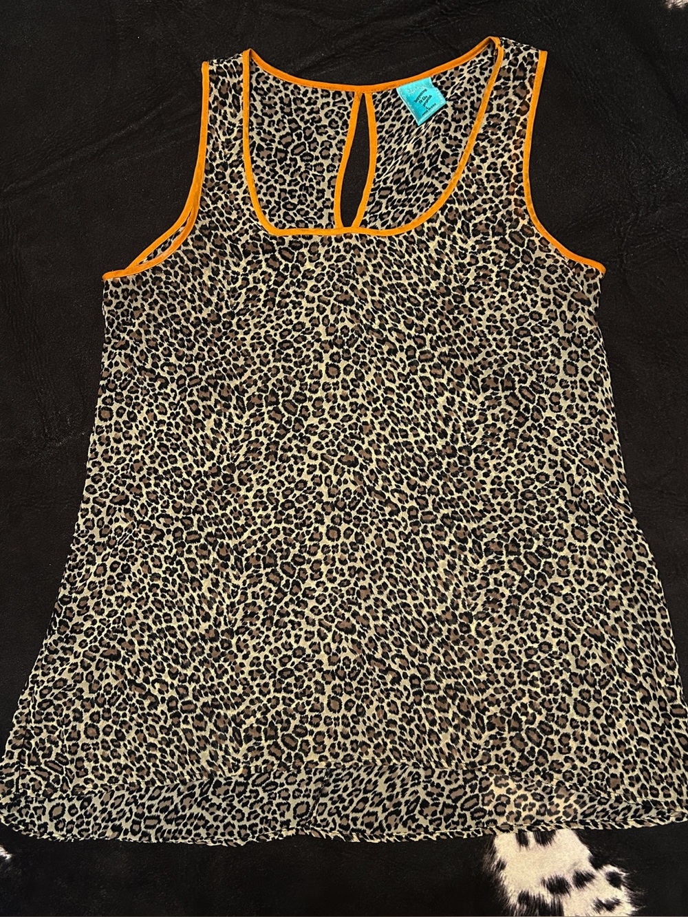 H.I.P. Sheer High Low Flowy Cheetah Print Tank Top with Orange Trim